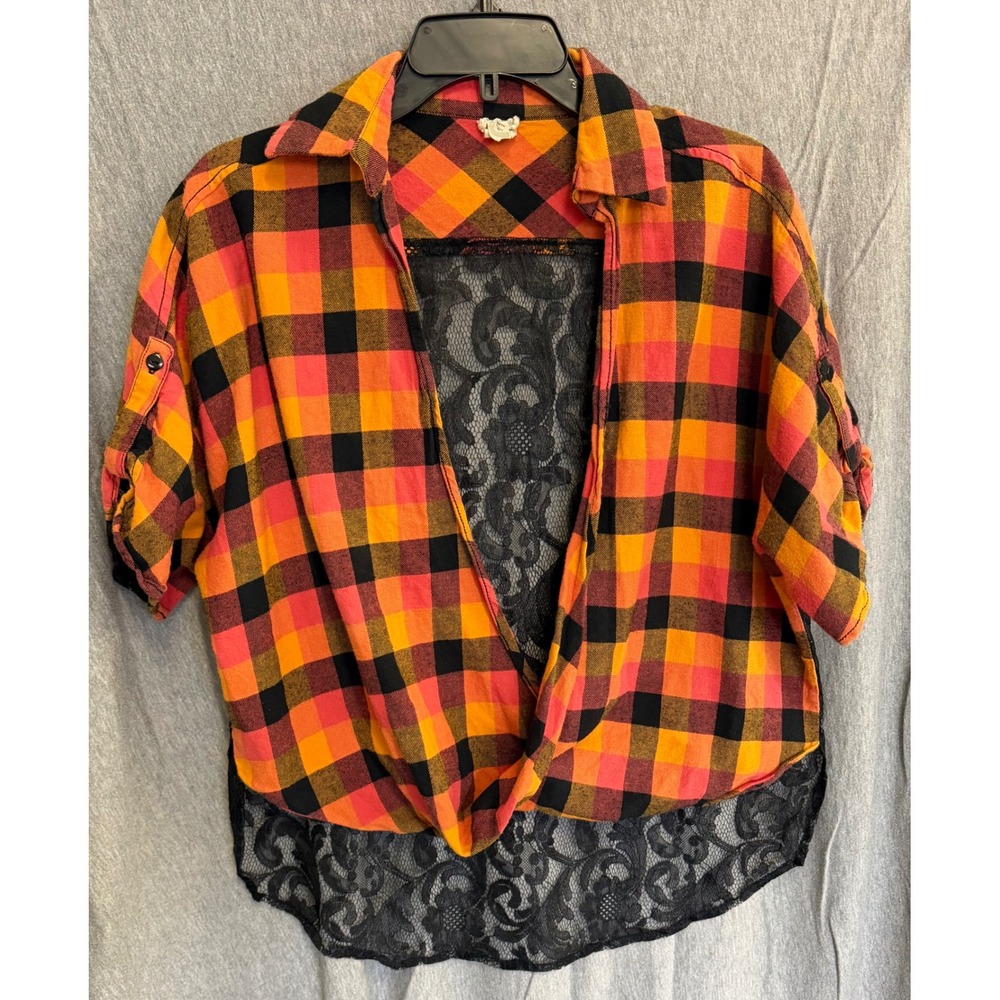 Gimmicks by BKE Womens M/L Plaid‎ Lace Grunge Whimsigoth Flannel Orange